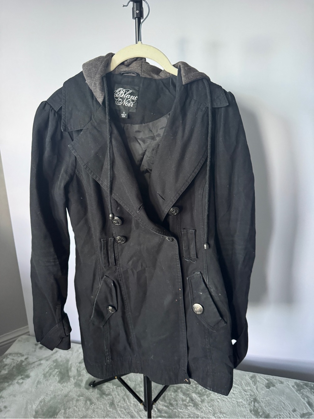blanc noir Black Hooded Double-Breasted Pea Coat